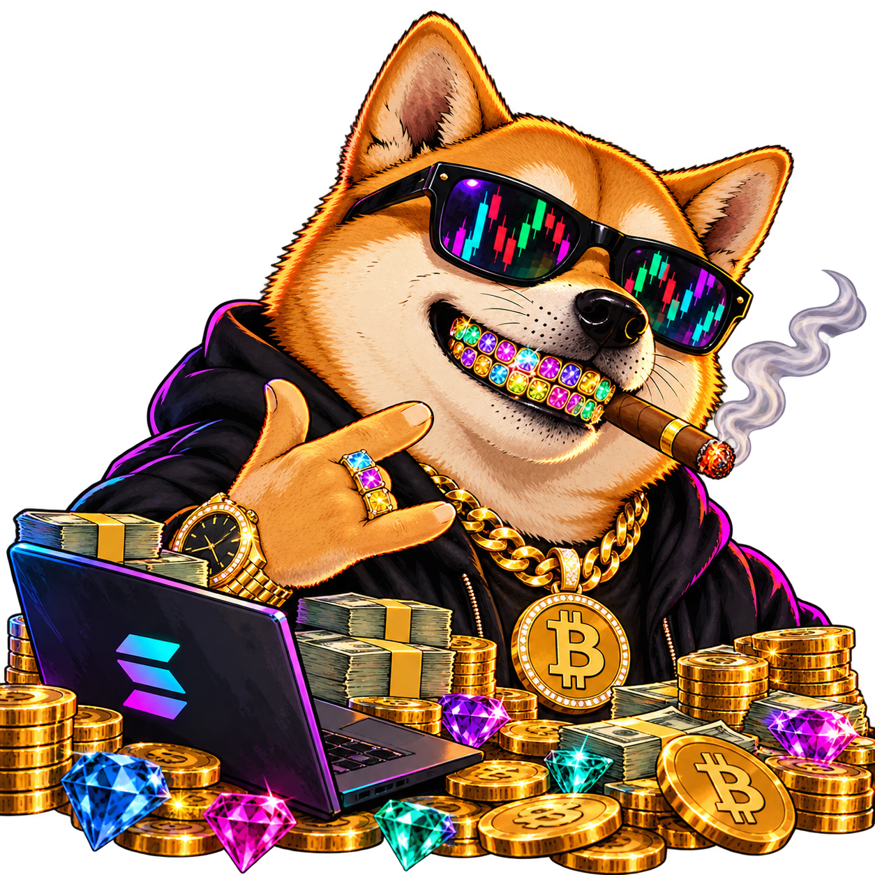 CryptoInu wearing jeweled grillz surrounded by coins and laptop